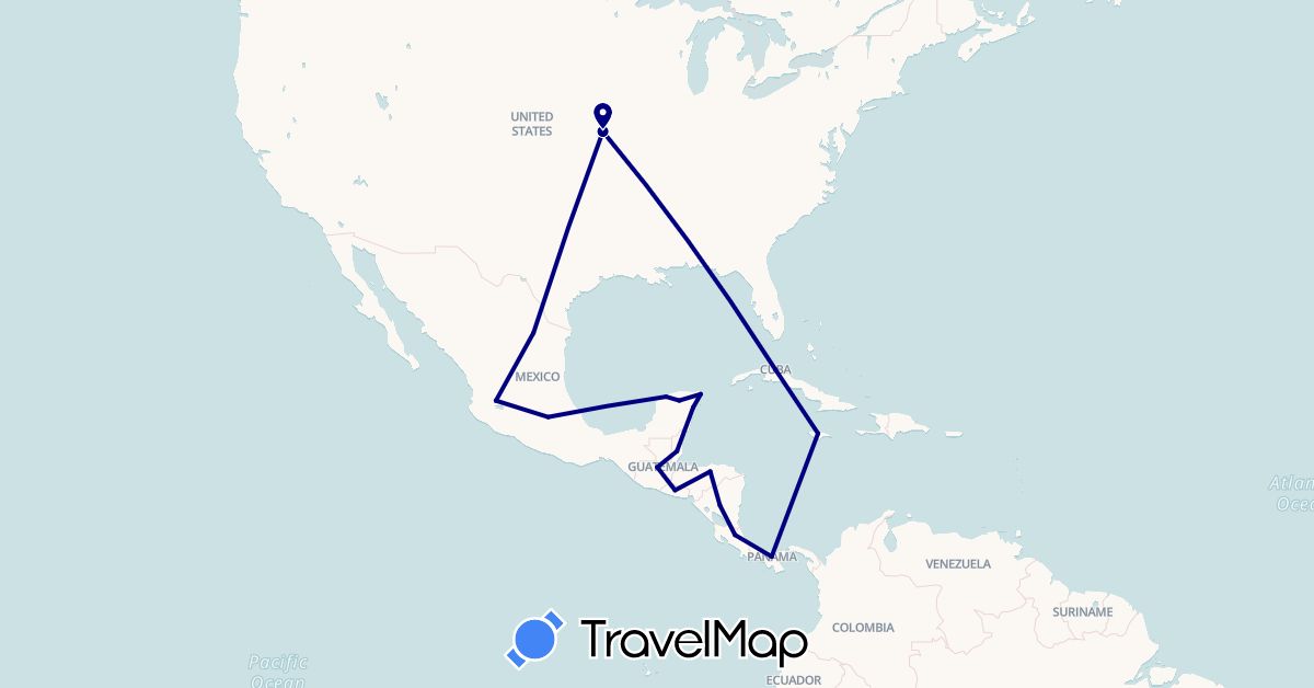 TravelMap itinerary: driving in Belize, Costa Rica, Cuba, Guatemala, Honduras, Jamaica, Mexico, Nicaragua, Panama, El Salvador, United States (North America)